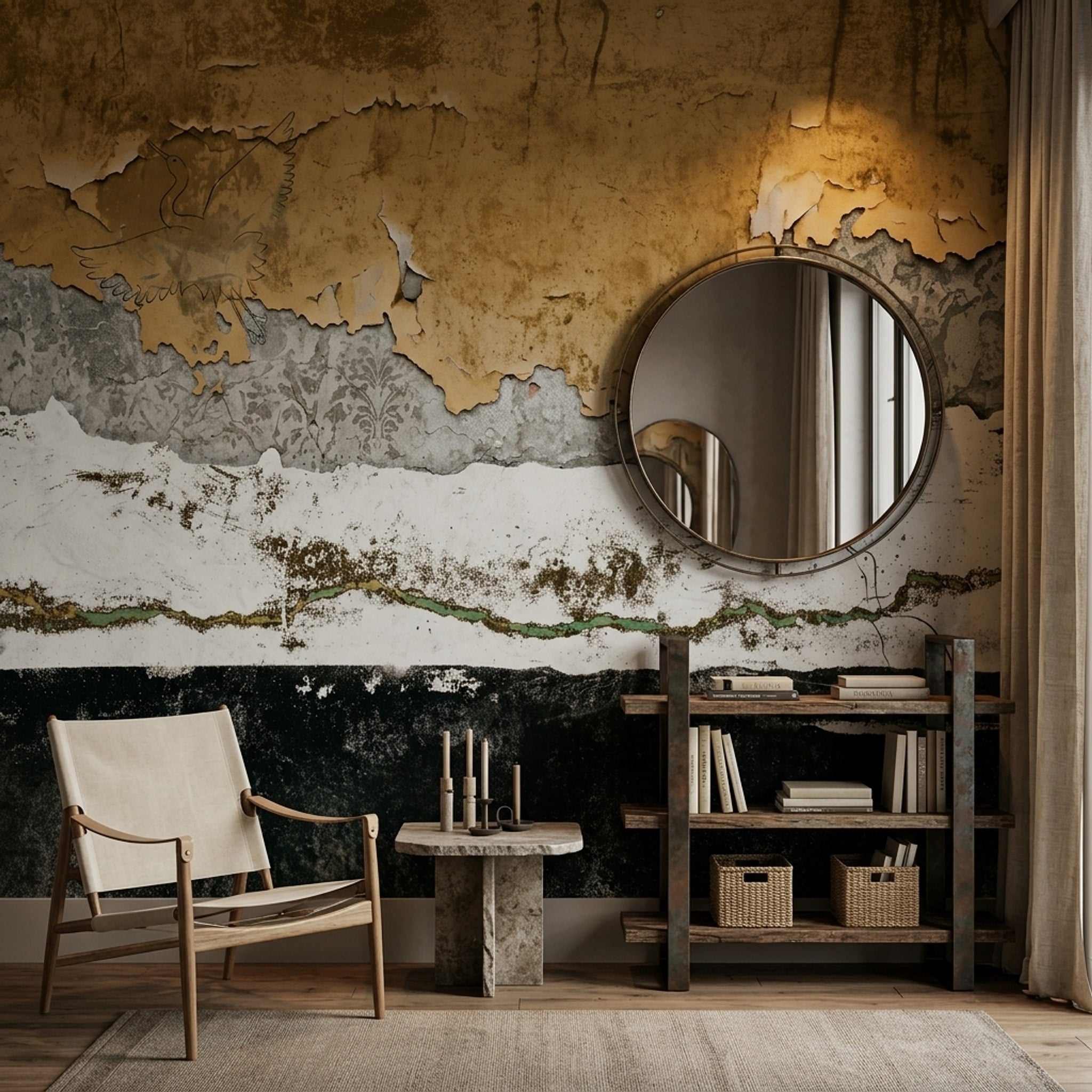 Distressed Wallpaper Peeling Plaster Removable Birds Wall Decor