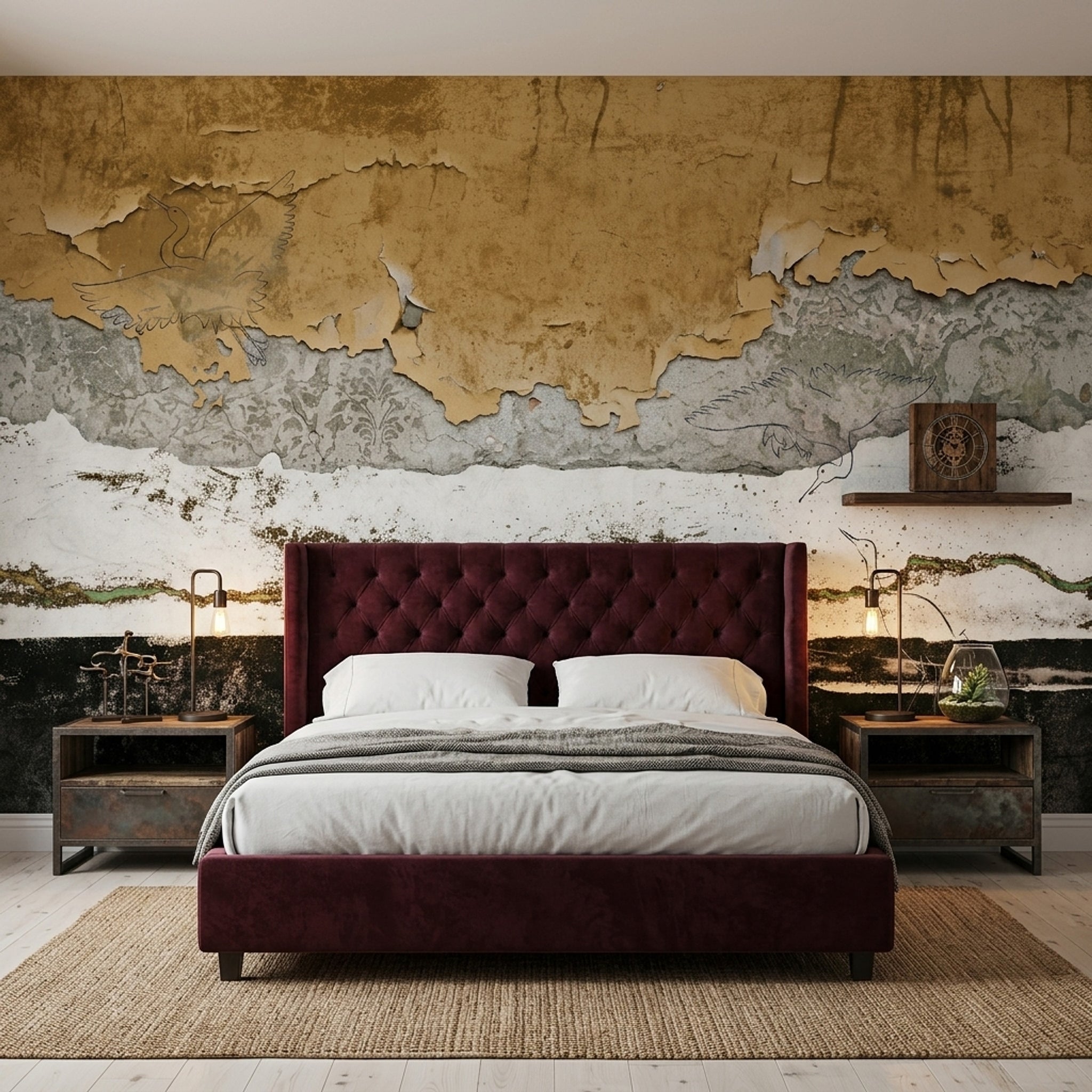 Distressed Wallpaper Peeling Plaster Removable Birds Wall Decor