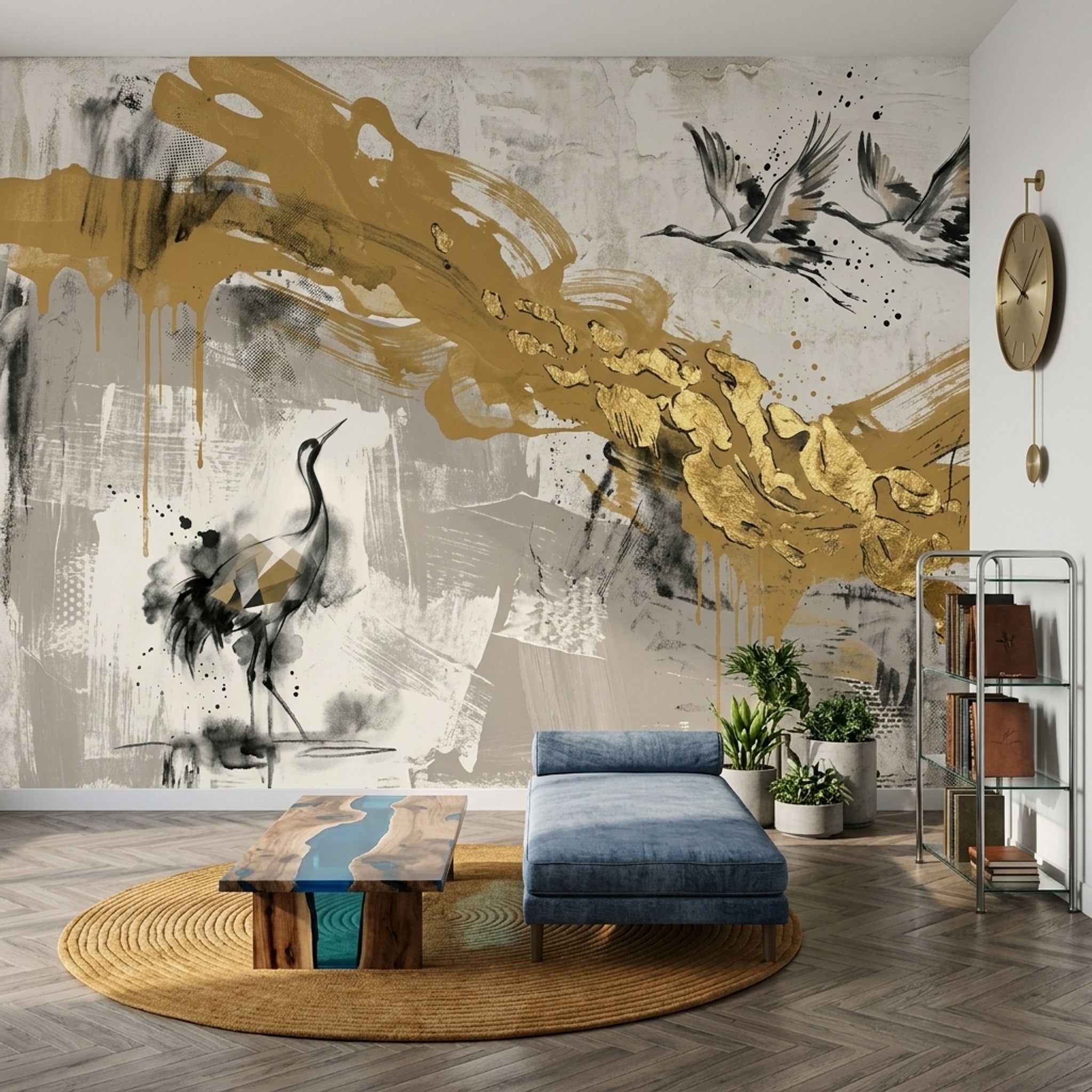 Cranes Wallpaper Gold Mixed Media Removable Wall Decor