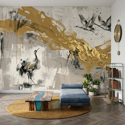 Cranes Wallpaper Gold Mixed Media Removable Wall Decor