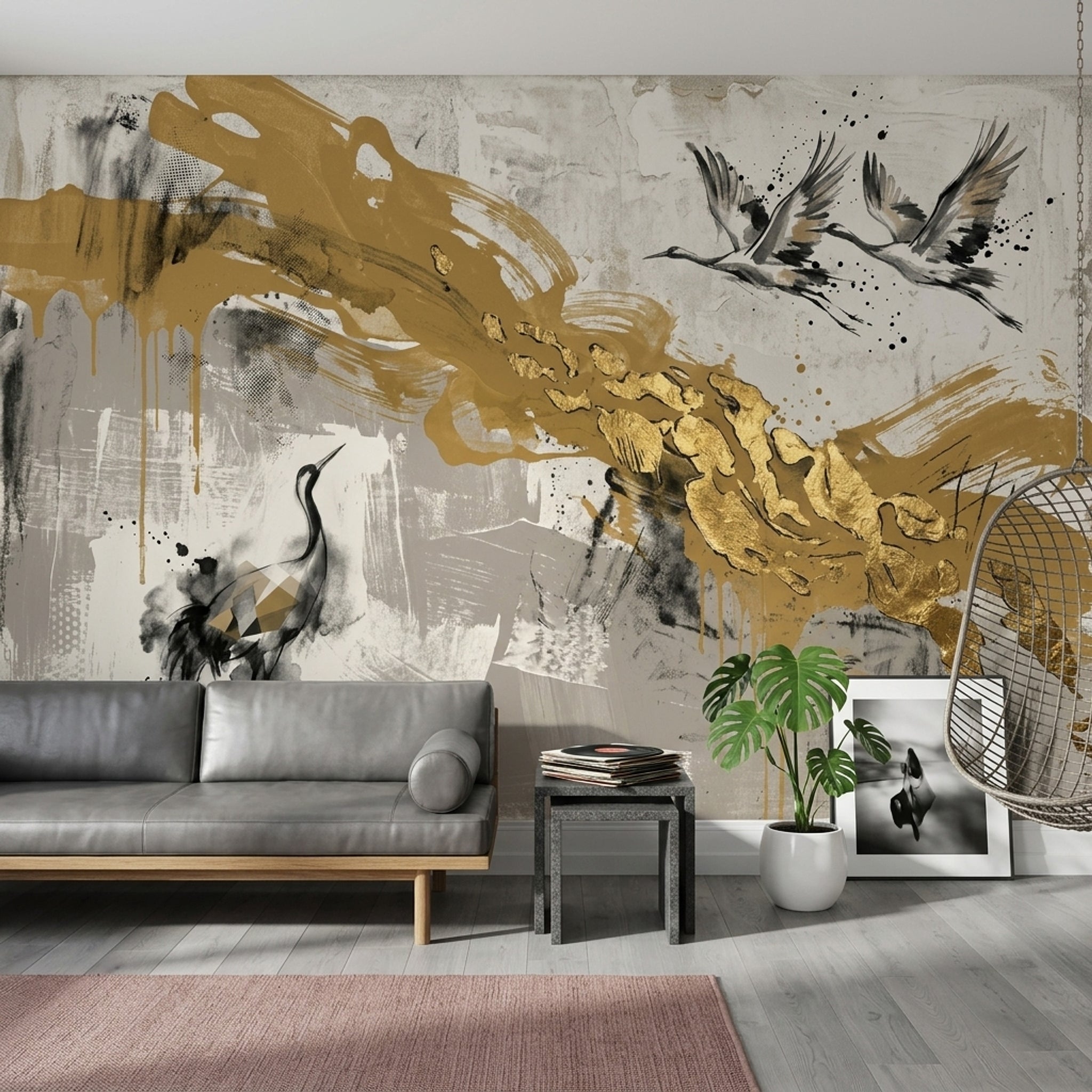 Cranes Wallpaper Gold Mixed Media Removable Wall Decor