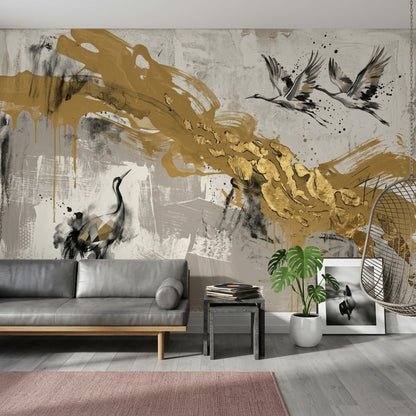 Cranes Wallpaper Gold Mixed Media Removable Wall Decor