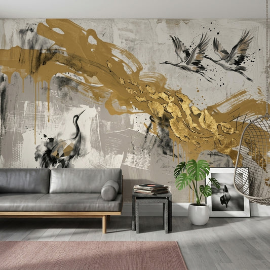 Cranes Wallpaper Gold Mixed Media Removable Wall Decor