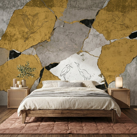 Cracked Plaster Wallpaper Stone Texture Removable Wading Birds Wall Decor