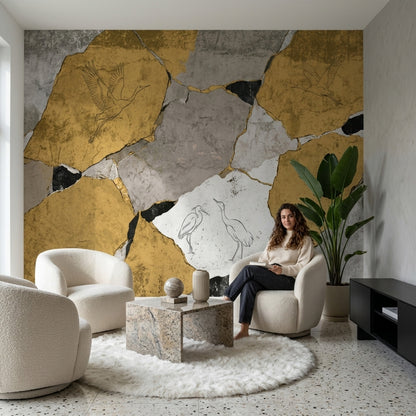 Cracked Plaster Wallpaper Stone Texture Removable Wading Birds Wall Decor