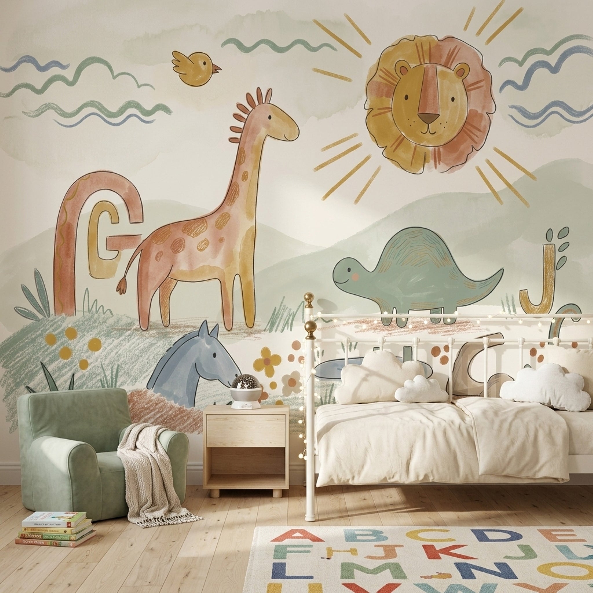 Nursery Wallpaper Cute Animals Removable Alphabet Letters Wall Decor