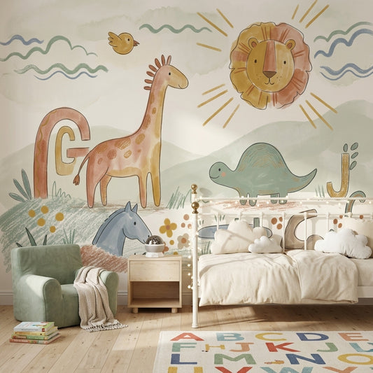 Nursery Wallpaper Cute Animals Removable Alphabet Letters Wall Decor
