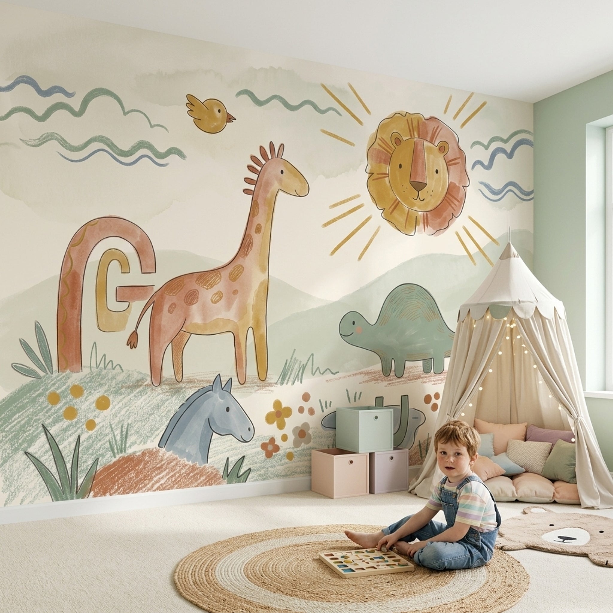 Nursery Wallpaper Cute Animals Removable Alphabet Letters Wall Decor