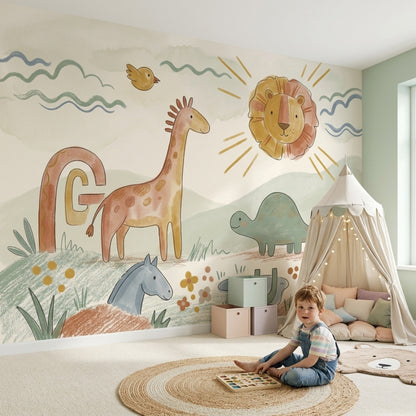 Nursery Wallpaper Cute Animals Removable Alphabet Letters Wall Decor