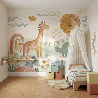 Nursery Wallpaper Cute Animals Removable Alphabet Letters Wall Decor