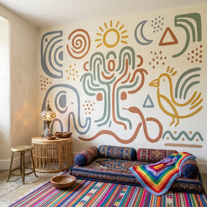 Folk Art Wallpaper Elephant Geometric Icons Removable Wall Decor