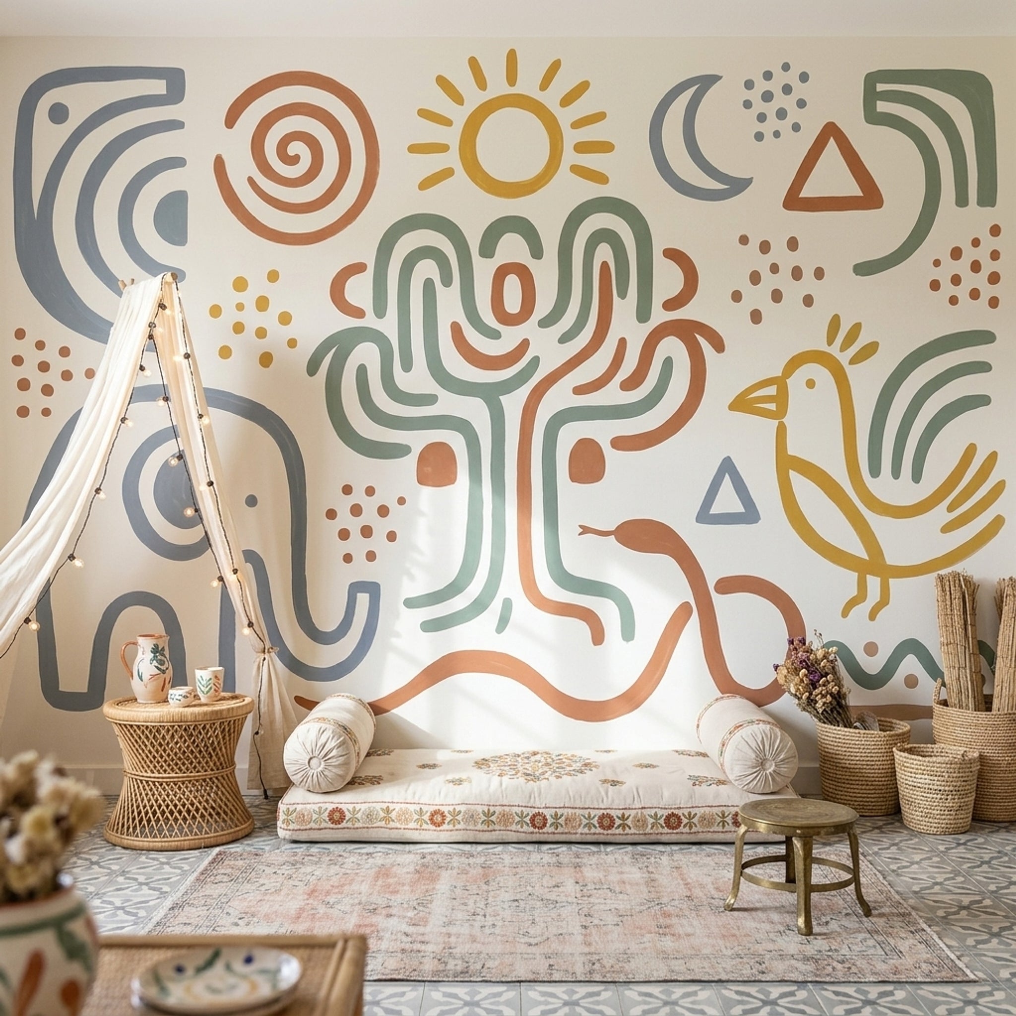 Folk Art Wallpaper Elephant Geometric Icons Removable Wall Decor