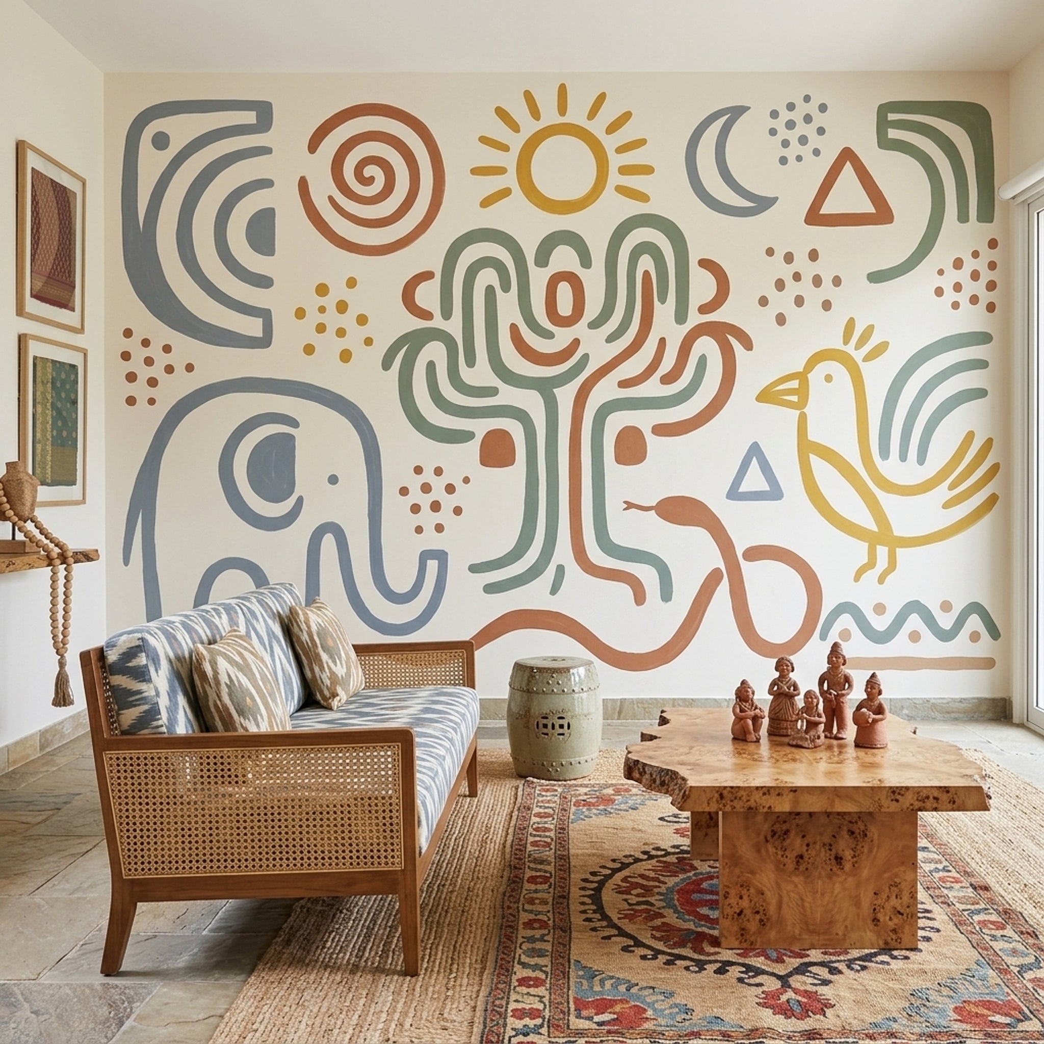 Folk Art Wallpaper Elephant Geometric Icons Removable Wall Decor