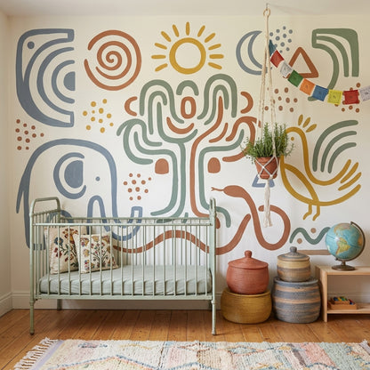 Folk Art Wallpaper Elephant Geometric Icons Removable Wall Decor