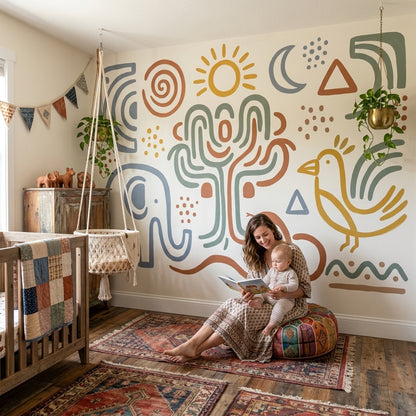 Folk Art Wallpaper Elephant Geometric Icons Removable Wall Decor