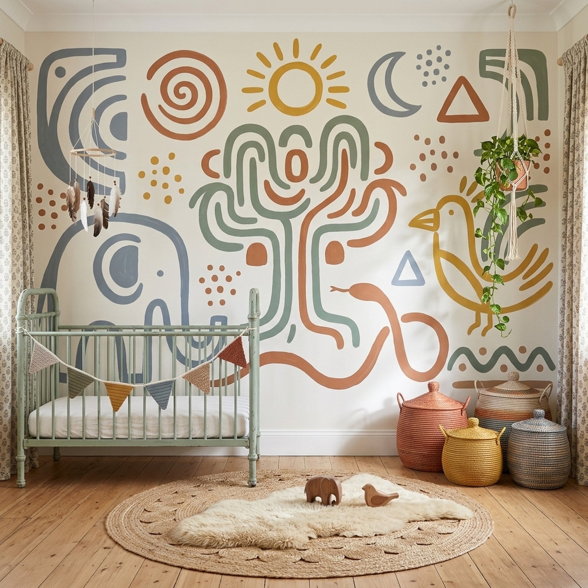 Folk Art Wallpaper Elephant Geometric Icons Removable Wall Decor