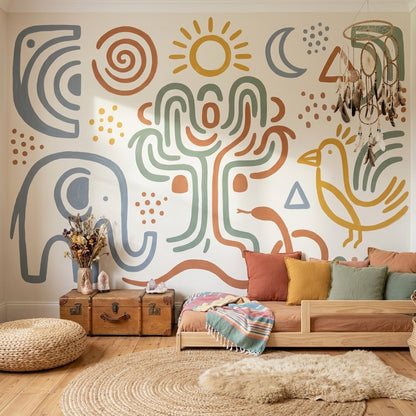 Folk Art Wallpaper Elephant Geometric Icons Removable Wall Decor