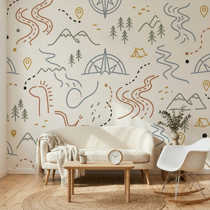 Adventure Map Wallpaper Camping Mountains Wall Mural
