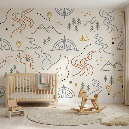 Adventure Map Wallpaper Camping Mountains Wall Mural