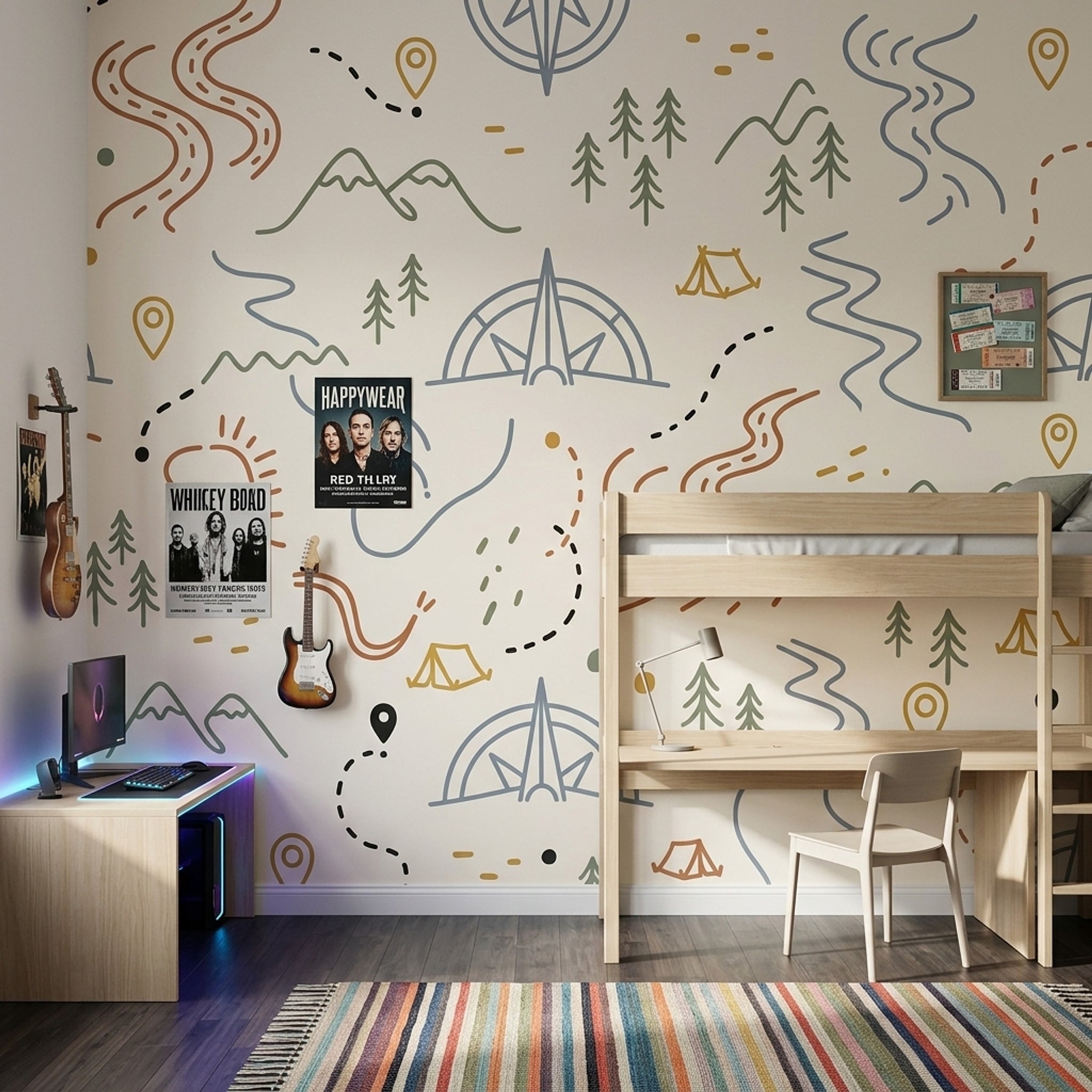 Adventure Map Wallpaper Camping Mountains Wall Mural