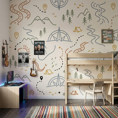 Adventure Map Wallpaper Camping Mountains Wall Mural