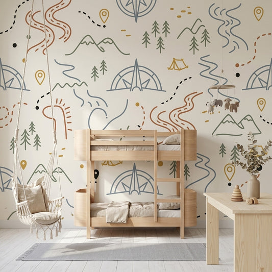 Adventure Map Wallpaper Camping Mountains Wall Mural