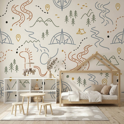 Adventure Map Wallpaper Camping Mountains Wall Mural