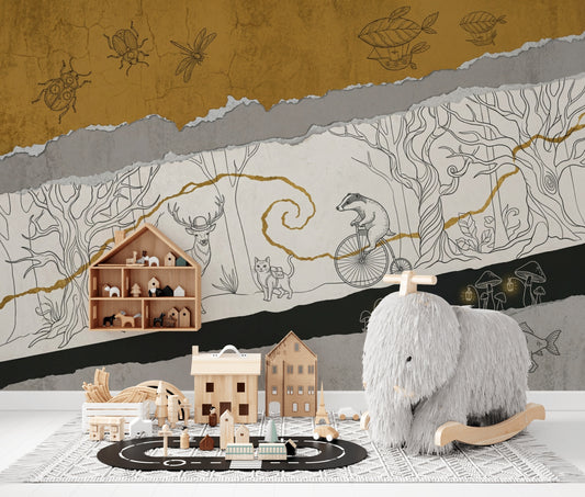 Whimsical Woodland Wallpaper Surreal Animals Removable Torn Paper Collage Wall Decor