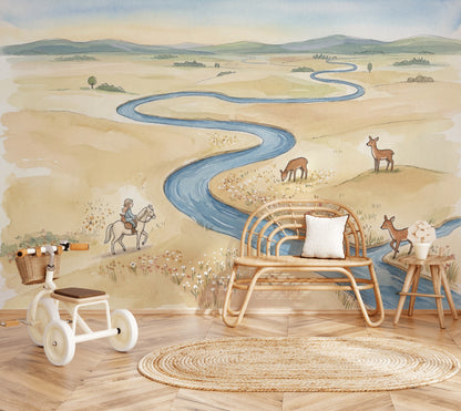Winding River Wallpaper Landscape Watercolor Wall Mural
