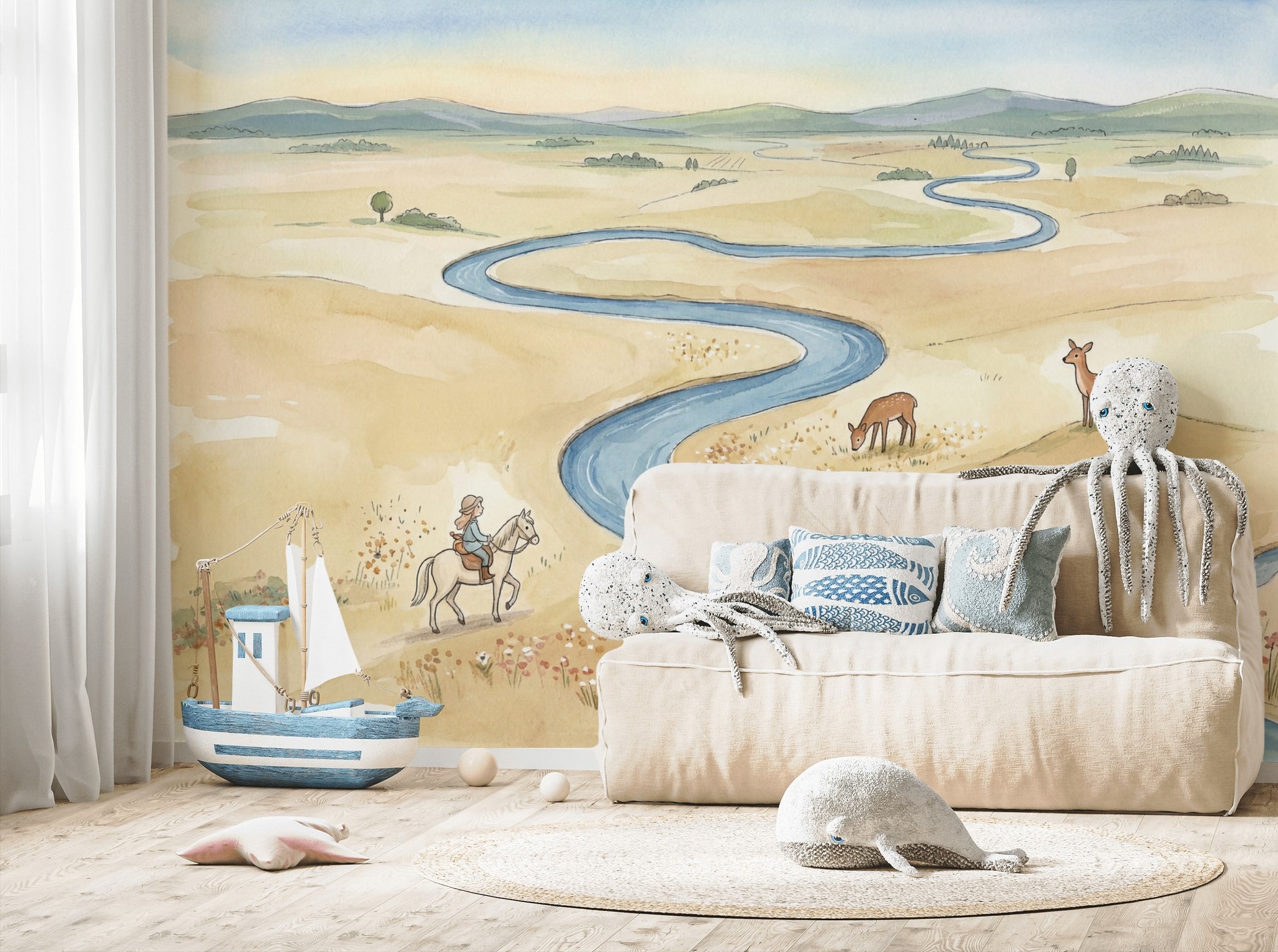 Winding River Wallpaper Landscape Watercolor Wall Mural
