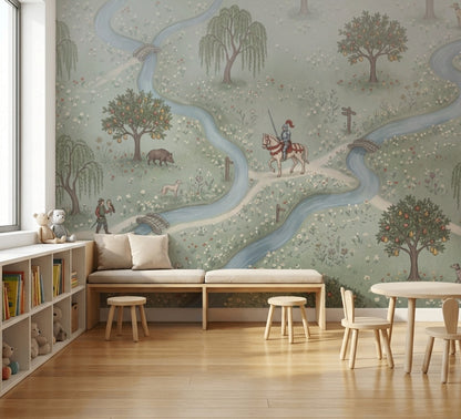 Pastoral Landscape Wallpaper Storybook Map Winding River Wall Mural