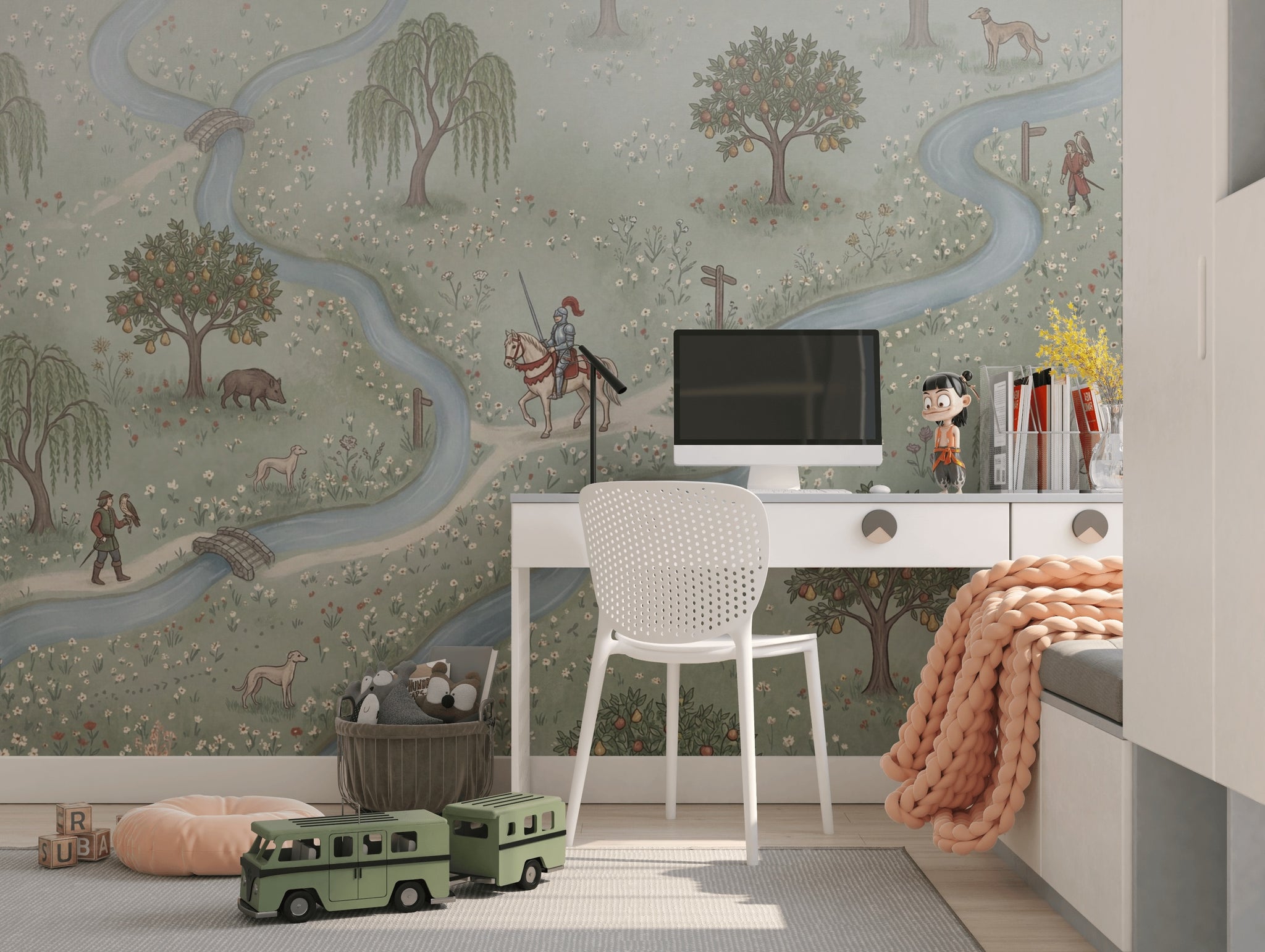 Pastoral Landscape Wallpaper Storybook Map Winding River Wall Mural