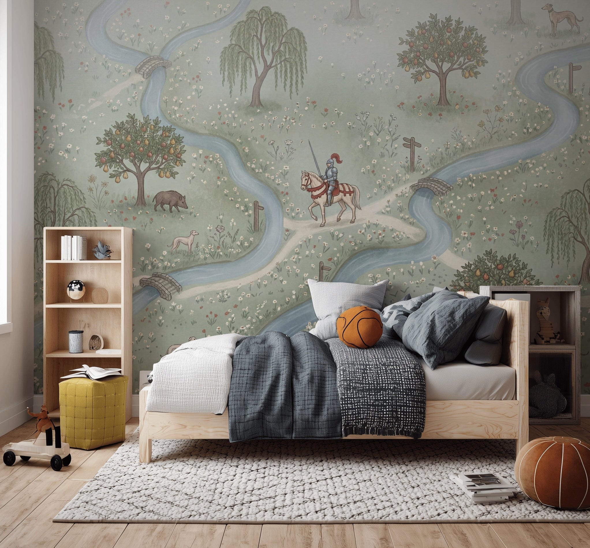 Pastoral Landscape Wallpaper Storybook Map Winding River Wall Mural