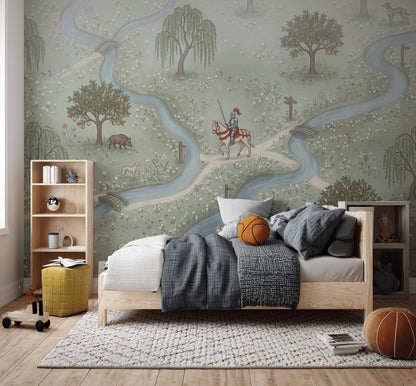 Pastoral Landscape Wallpaper Storybook Map Winding River Wall Mural