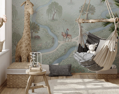 Pastoral Landscape Wallpaper Storybook Map Winding River Wall Mural
