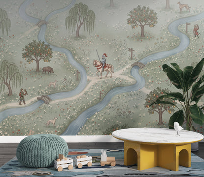 Pastoral Landscape Wallpaper Storybook Map Winding River Wall Mural