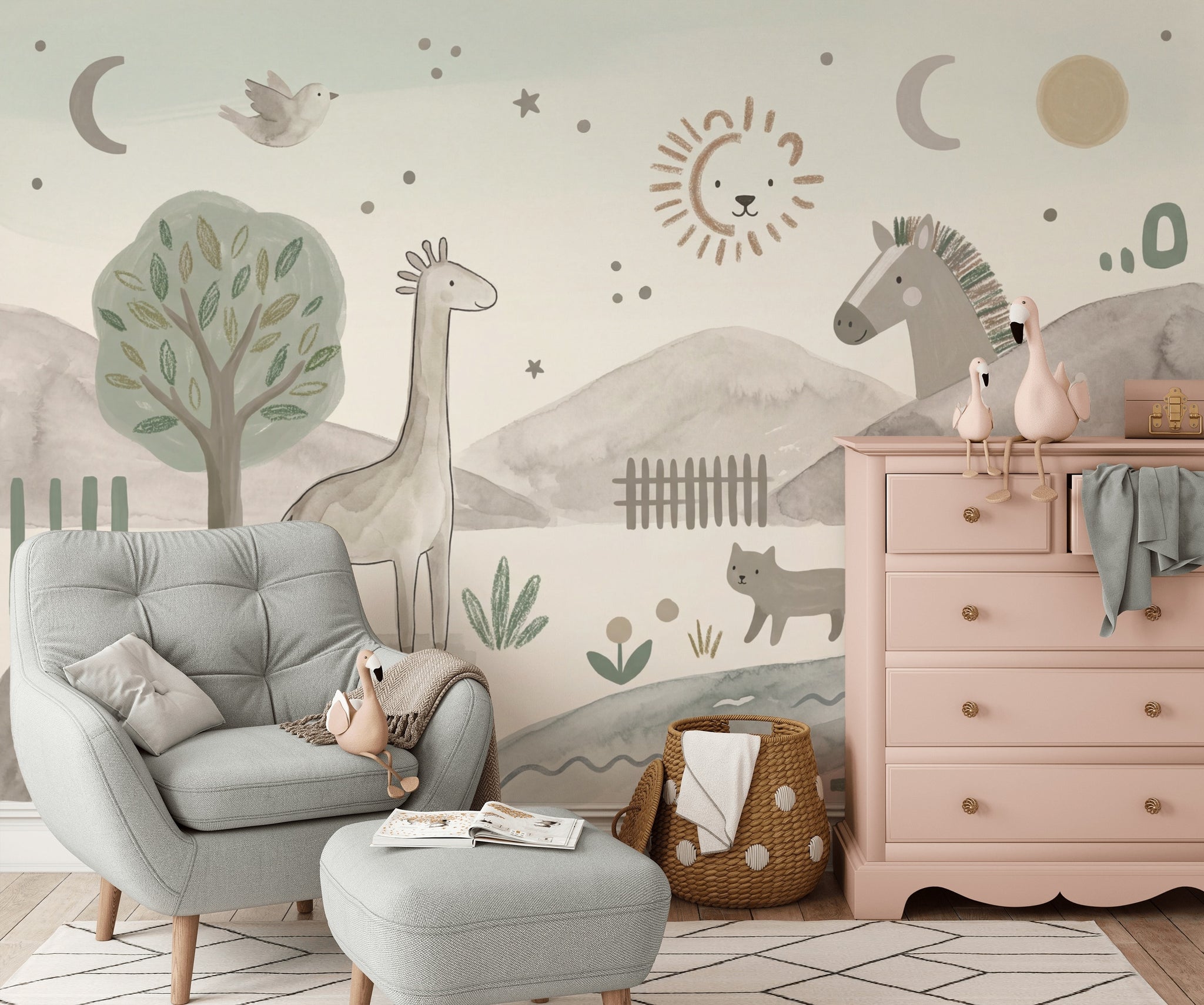 Muted Green Wallpaper Safari Nursery Woodland Wall Mural