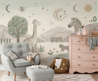 Muted Green Wallpaper Safari Nursery Woodland Wall Mural