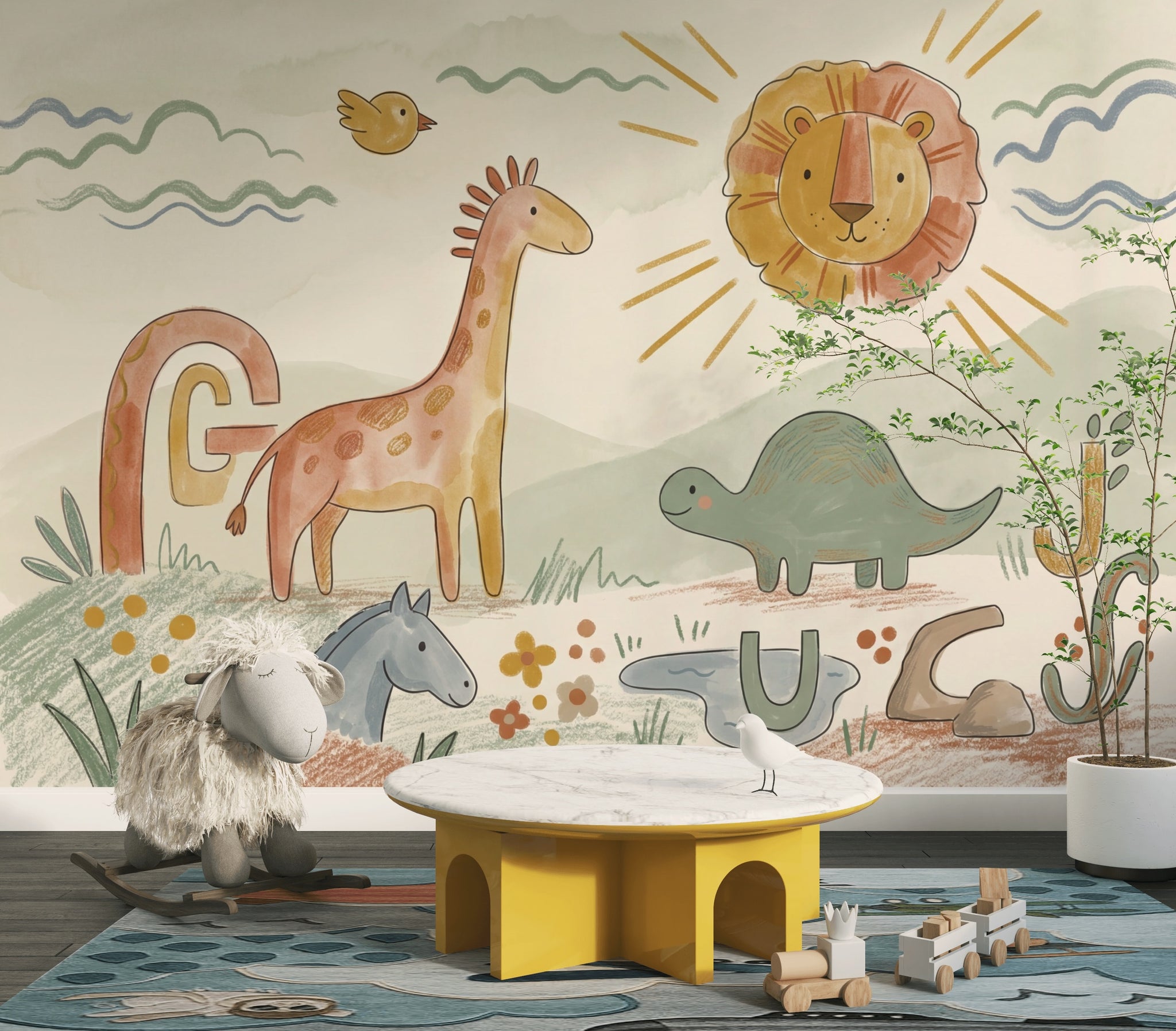 Nursery Wallpaper Cute Animals Removable Alphabet Letters Wall Decor
