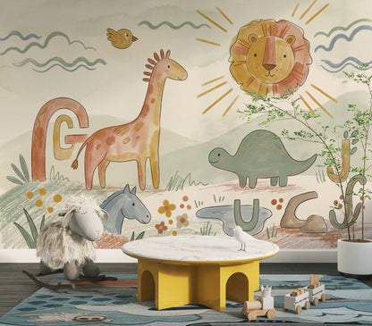 Nursery Wallpaper Cute Animals Removable Alphabet Letters Wall Decor