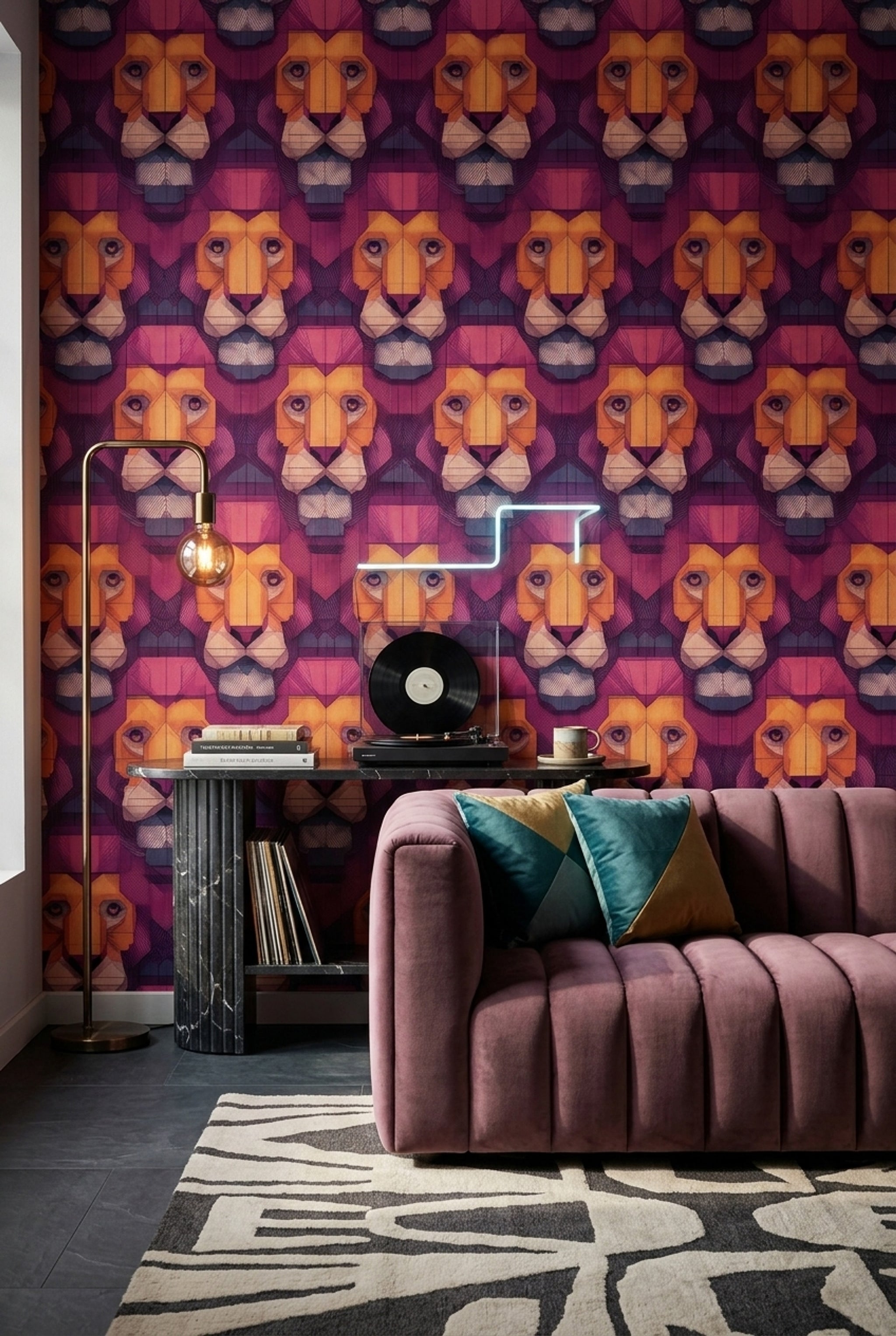 Purple Background Wallpaper Lion Faces Removable Geometric Wall Decor