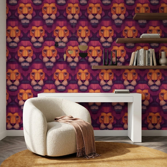 Purple Background Wallpaper Lion Faces Removable Geometric Wall Double Roll