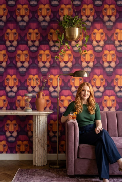 Purple Background Wallpaper Lion Faces Removable Geometric Wall Decor
