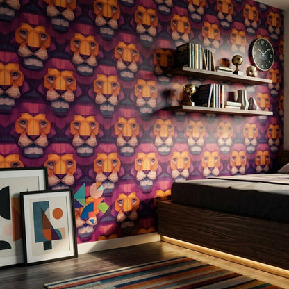 Purple Background Wallpaper Lion Faces Removable Geometric Wall Decor