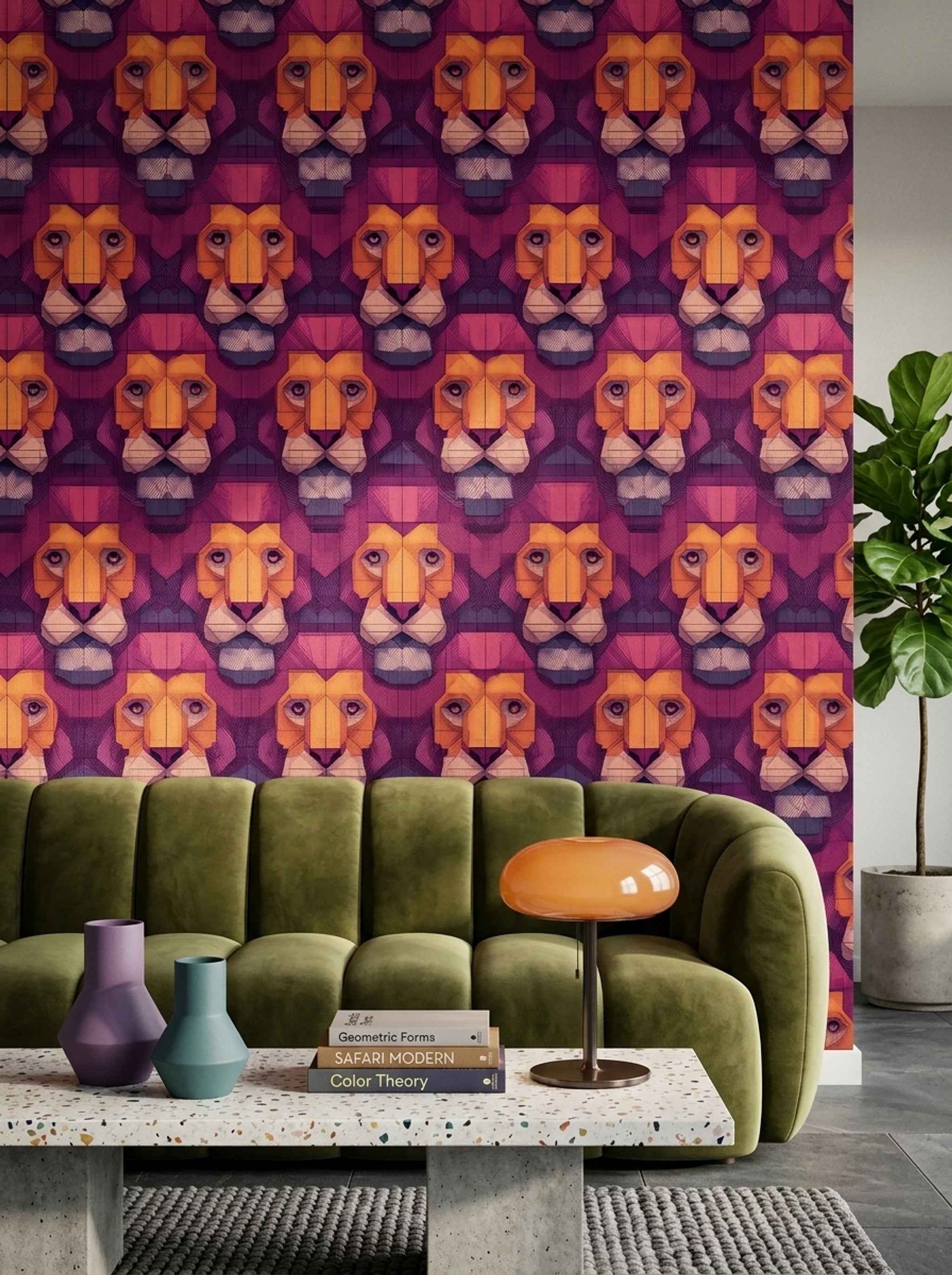 Purple Background Wallpaper Lion Faces Removable Geometric Wall Decor