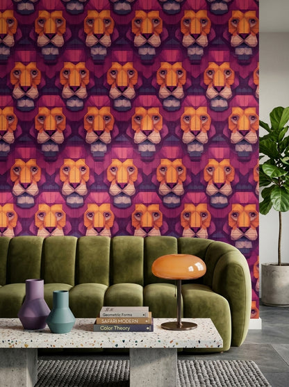 Purple Background Wallpaper Lion Faces Removable Geometric Wall Decor