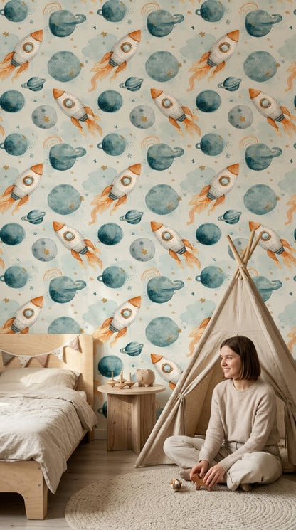 Watercolor Wallpaper Space Removable Kids Nursery Wall Decor