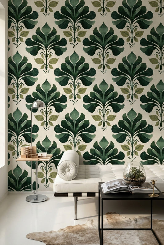 Botanical Wallpaper Green Leaves Block Print Removable Wall Decor