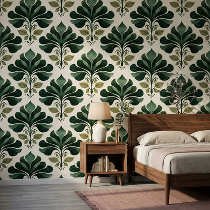 Botanical Wallpaper Green Leaves Block Print Removable Wall Decor