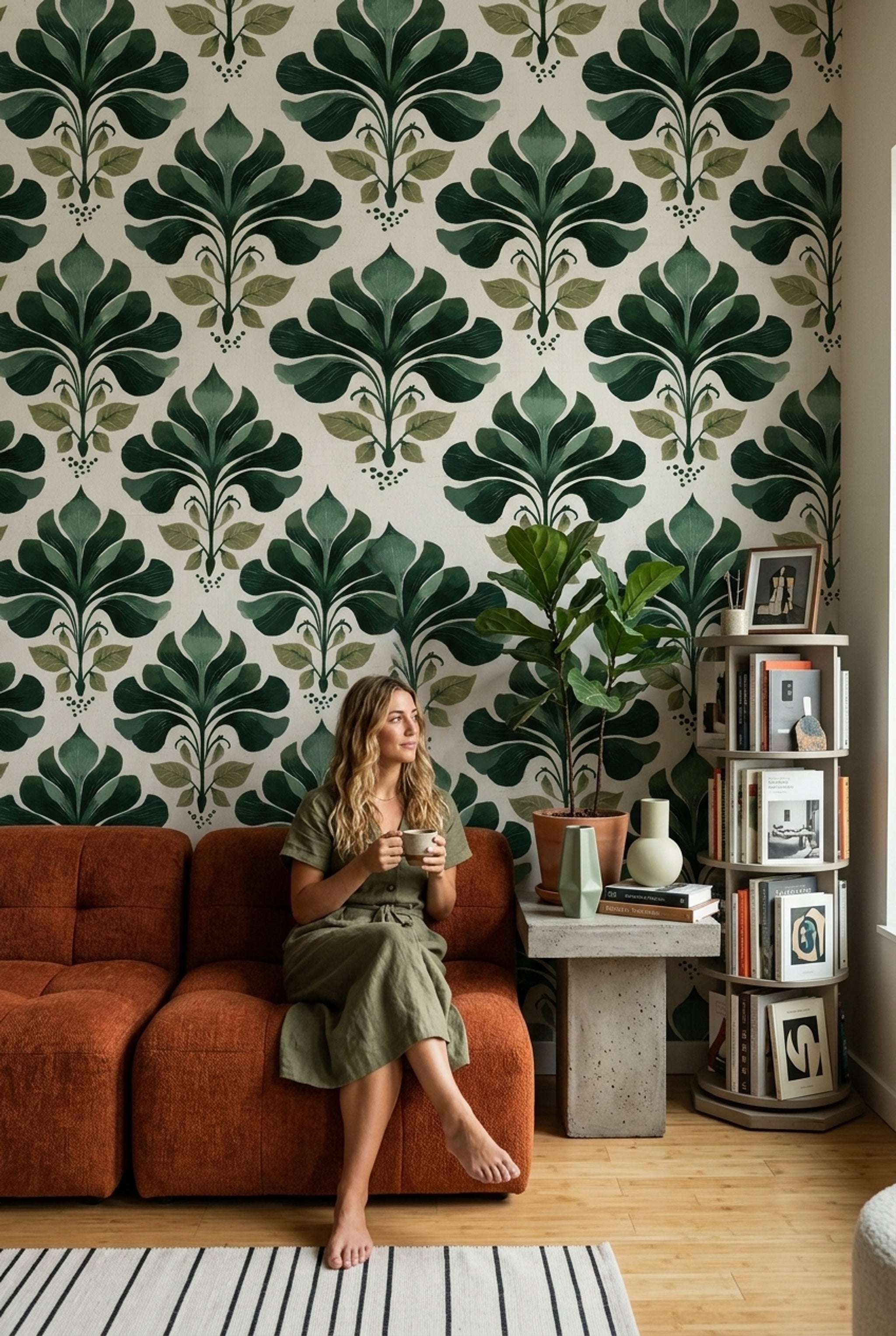 Botanical Wallpaper Green Leaves Block Print Removable Wall Decor